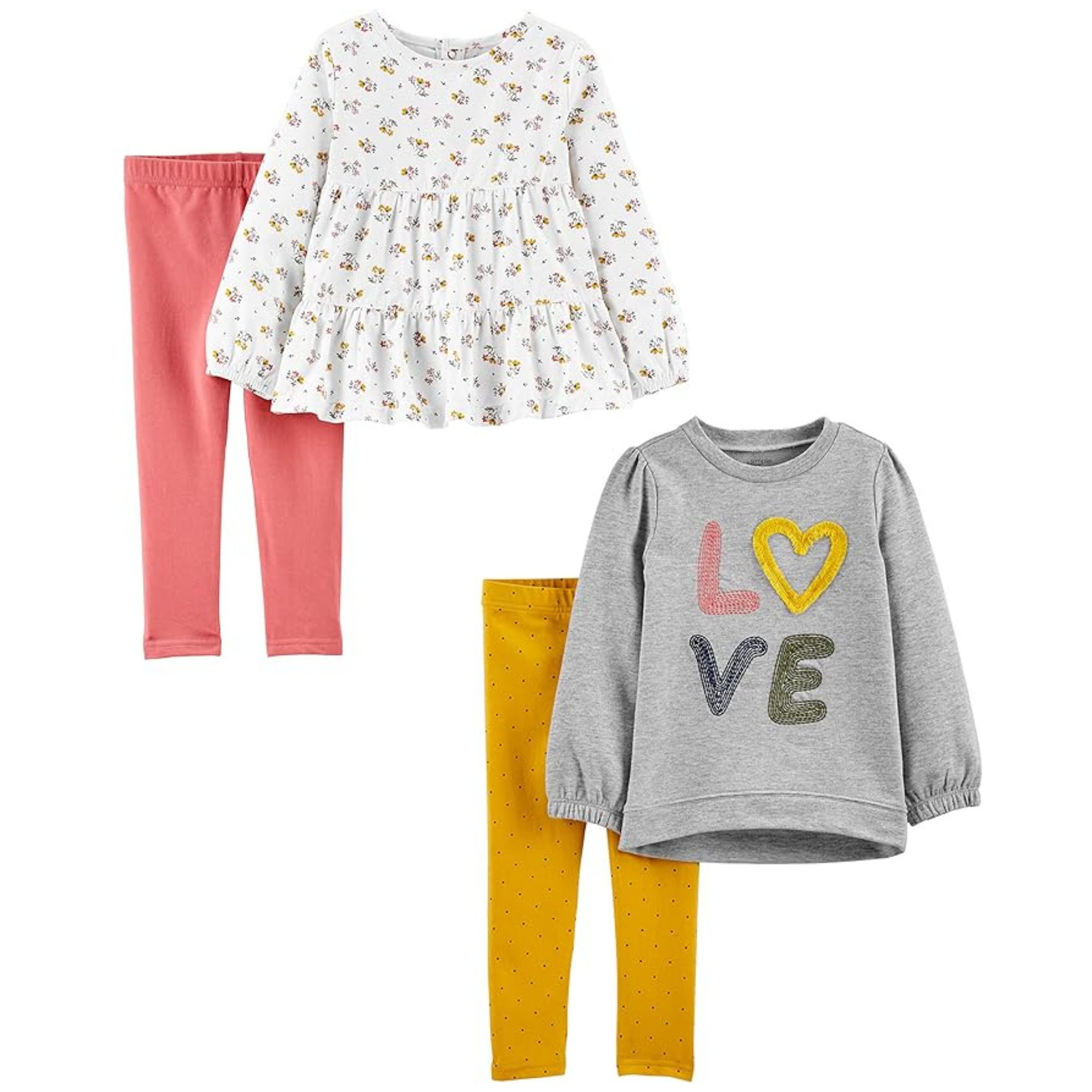 Conjunto Infantil Simple Joys by Carter's – 4 Peças | Cinza com estampa "Love", Floral Rosa e Branco e Poá Amarelo (2 a 8 anos)