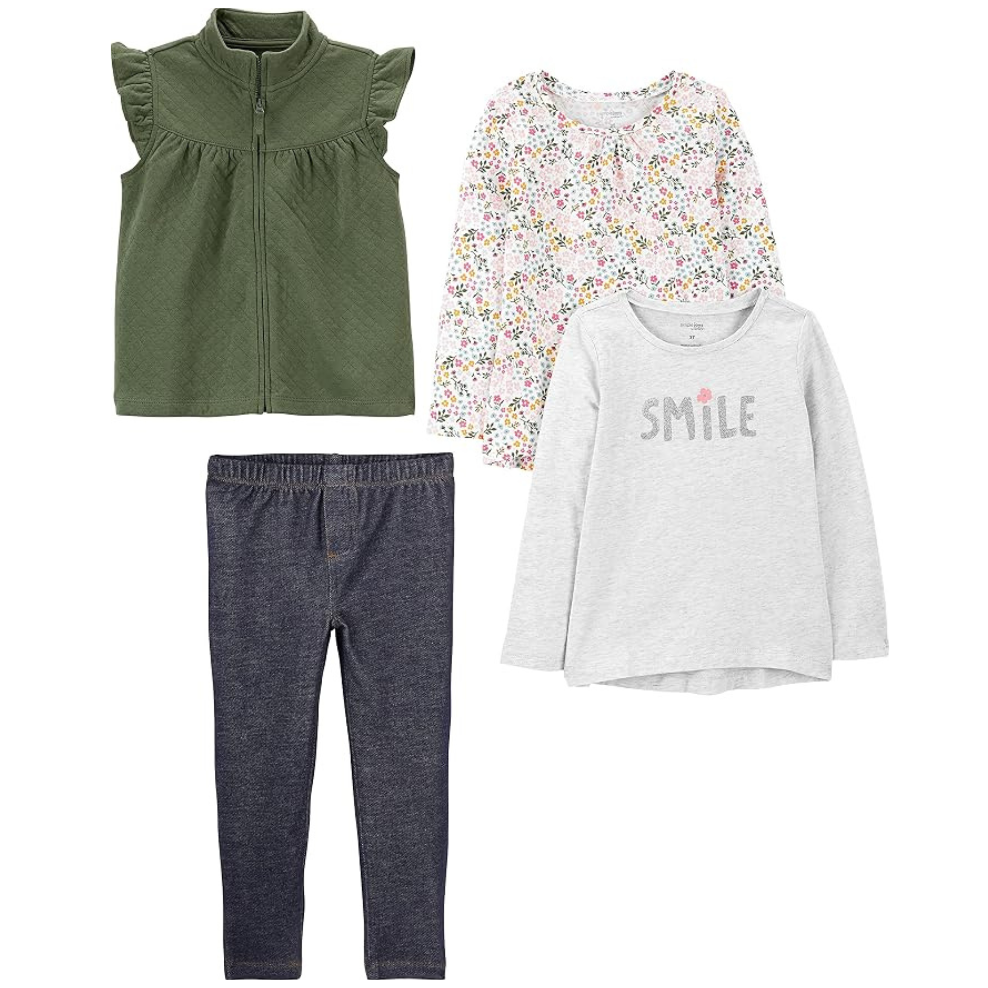 Conjunto Infantil Simple Joys by Carter's – 4 Peças | Cinza com estampa "Smile", Jeans Índigo, Verde Oliva e Floral Branco (2 a 8 anos)