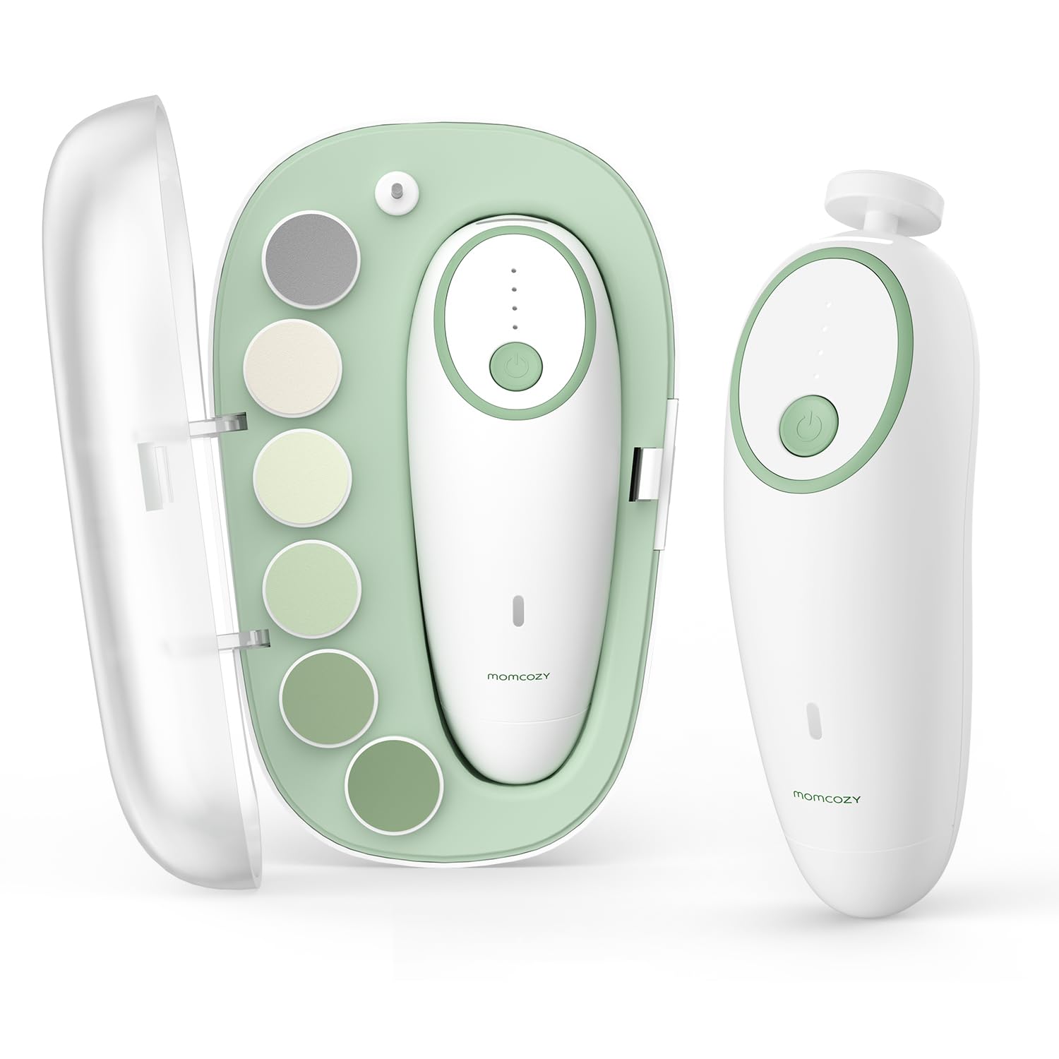 Momcozy Lixa de Unhas Elétrica para Bebê – Lima Elétrica Suave, Luz Noturna 360°, 7 Ponteiras de Lixamento, Verde