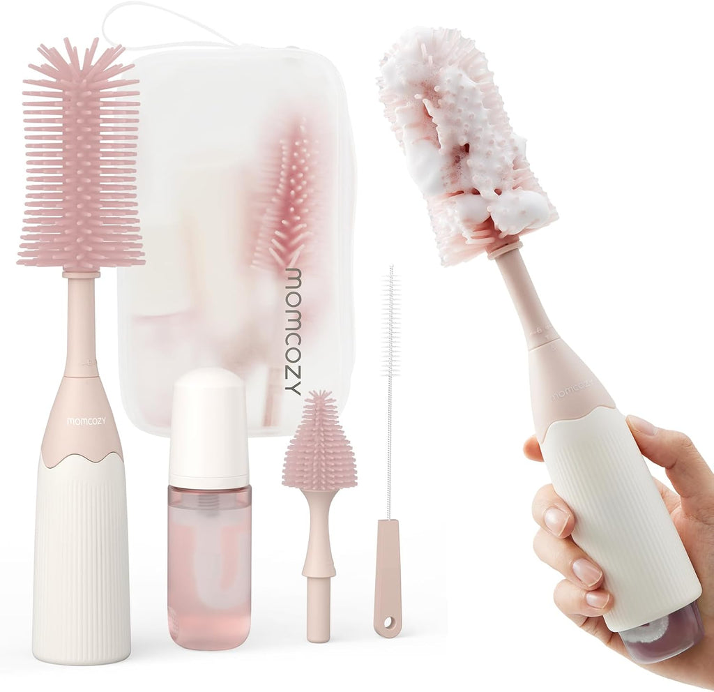 Momcozy Kit de Escovas para Mamadeiras com Design Press-Foam – Limpeza 360°, Silicone Macio, Portátil para Viagem