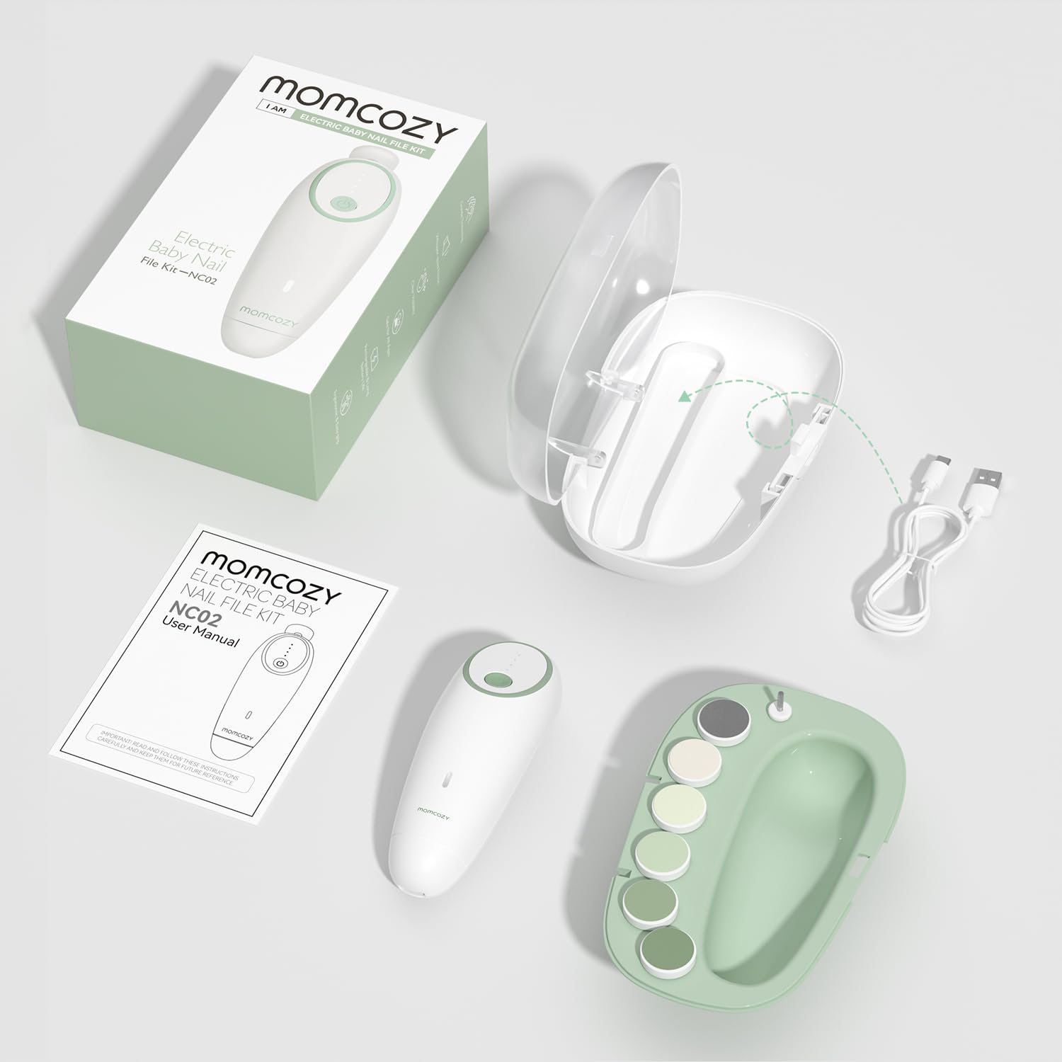 Momcozy Lixa de Unhas Elétrica para Bebê – Lima Elétrica Suave, Luz Noturna 360°, 7 Ponteiras de Lixamento, Verde