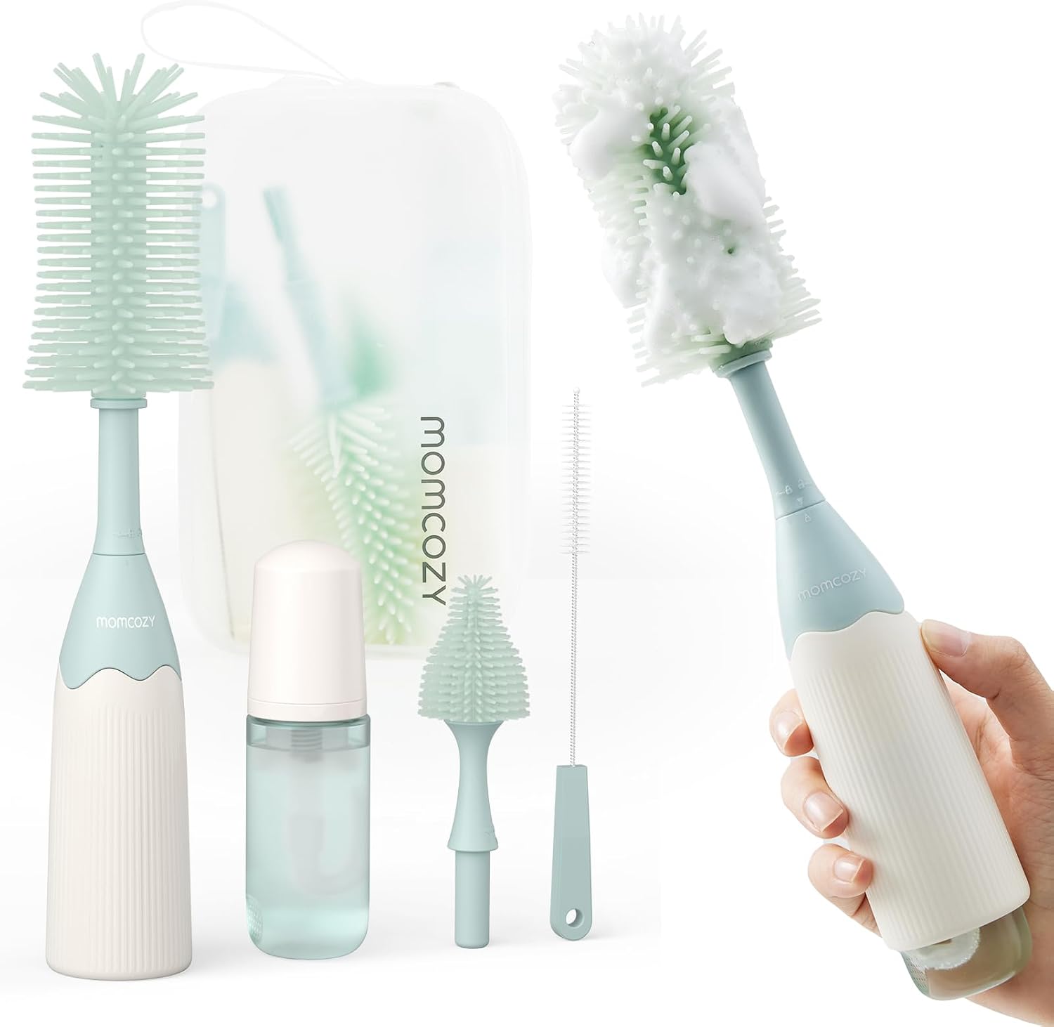 Momcozy Kit de Escovas para Mamadeiras com Design Press-Foam – Limpeza 360°, Silicone Macio, Portátil para Viagem
