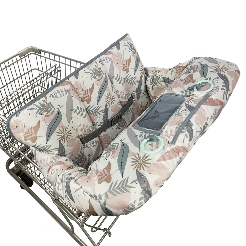 DoDoNiCi Capa de Carrinho de Compras 2 em 1 – Capa para Cadeirão e Carrinho, Acolchoada, Bolso Celular, Lavável, Estampa Folhas