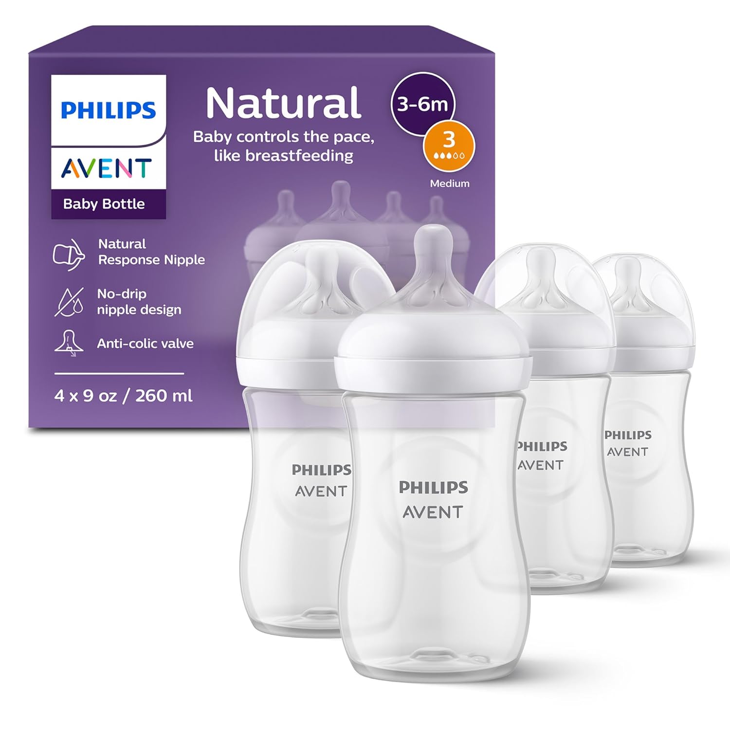 Kit com 4 Mamadeiras Philips Avent Natural Response (pétala) 260 ml