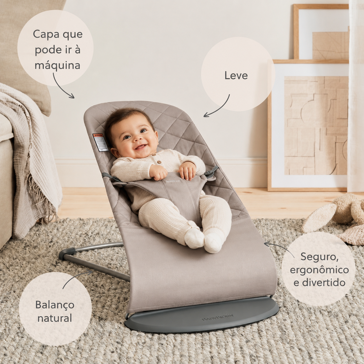 BabyBjörn Bouncer Bliss — Cinza Areia, Tecido Woven, Acolchoado Clássico