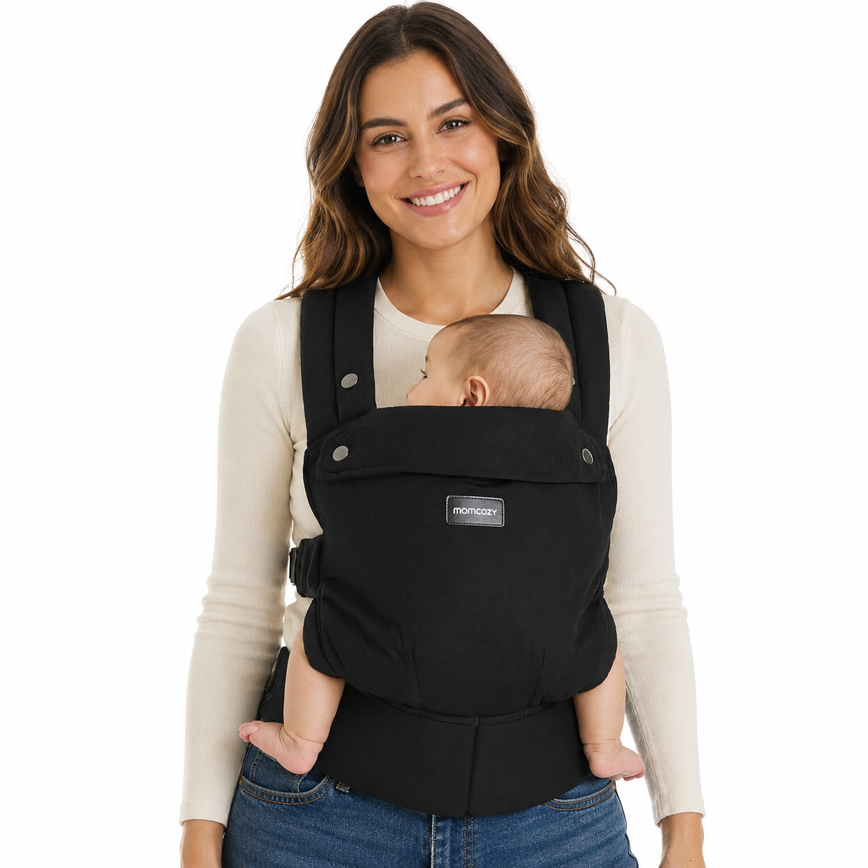 Momcozy Canguru Ergonômico PureHug – Leve, Suporte Lombar Reforçado, Mãos Livres, 3,2–20kg, De Bebê a Criança, Preto