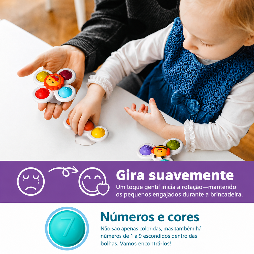 Fidget Spinner para Bebês, 9 Texturas, Banho e Viagem, Sol, +10 Meses, Kit com 3