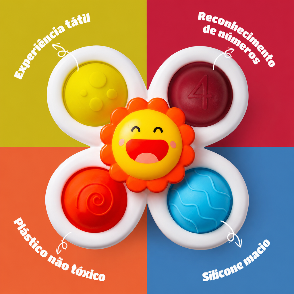 Fidget Spinner para Bebês, 9 Texturas, Banho e Viagem, Sol, +10 Meses, Kit com 3