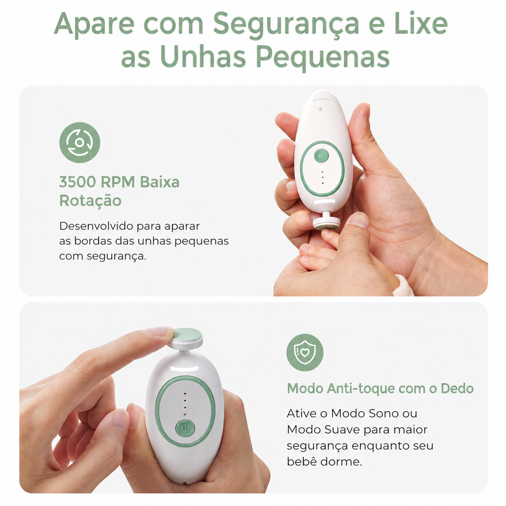 Momcozy Lixa de Unhas Elétrica para Bebê – Lima Elétrica Suave, Luz Noturna 360°, 7 Ponteiras de Lixamento, Verde