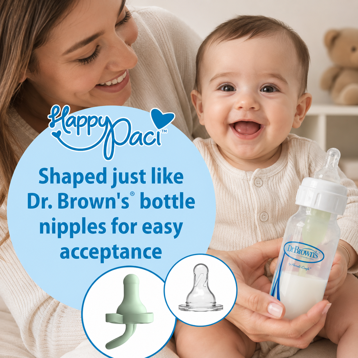 Dr. Brown’s HappyPaci Chupeta de Silícone 100% – Design em Peça Única, BPA-Free, Kit com 3, 0-6 Meses