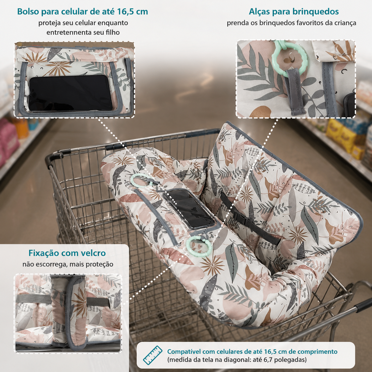 DoDoNiCi Capa de Carrinho de Compras 2 em 1 – Capa para Cadeirão e Carrinho, Acolchoada, Bolso Celular, Lavável, Estampa Folhas