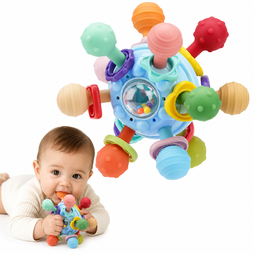 TOHIBEE Mordedor Sensorial Montessori para Bebês 0-12 Meses – Chocalho, Texturas Variadas e Estimulação Multissensorial