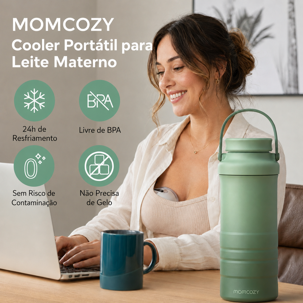 Momcozy Resfriador Portátil de Leite Materno 650ml – Resfriamento 360° por 24 Horas com 2 Mamadeiras