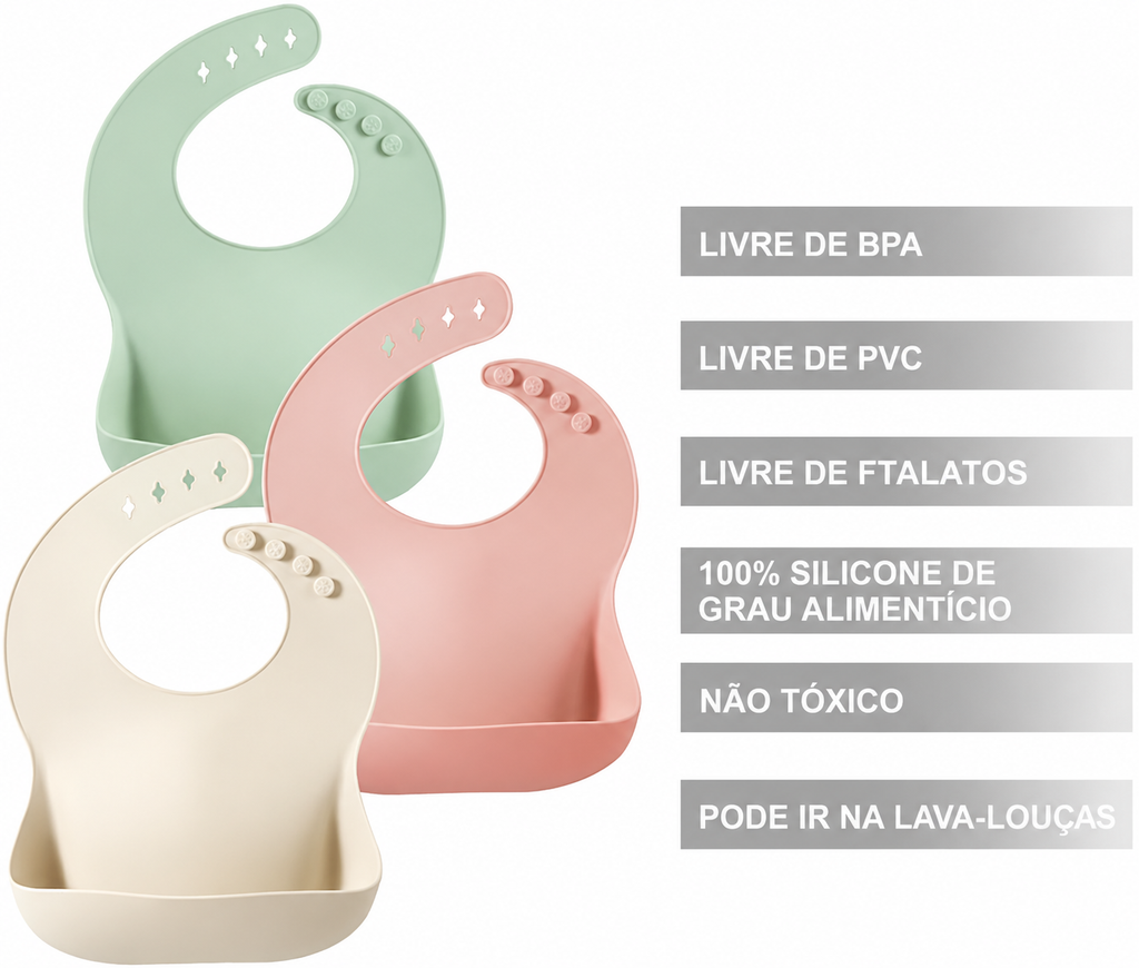 PandaEar Kit com 3 Babadores de Silícone Impermeável – Macio, Unissex, 10-72 Meses, com Bolso Coletor